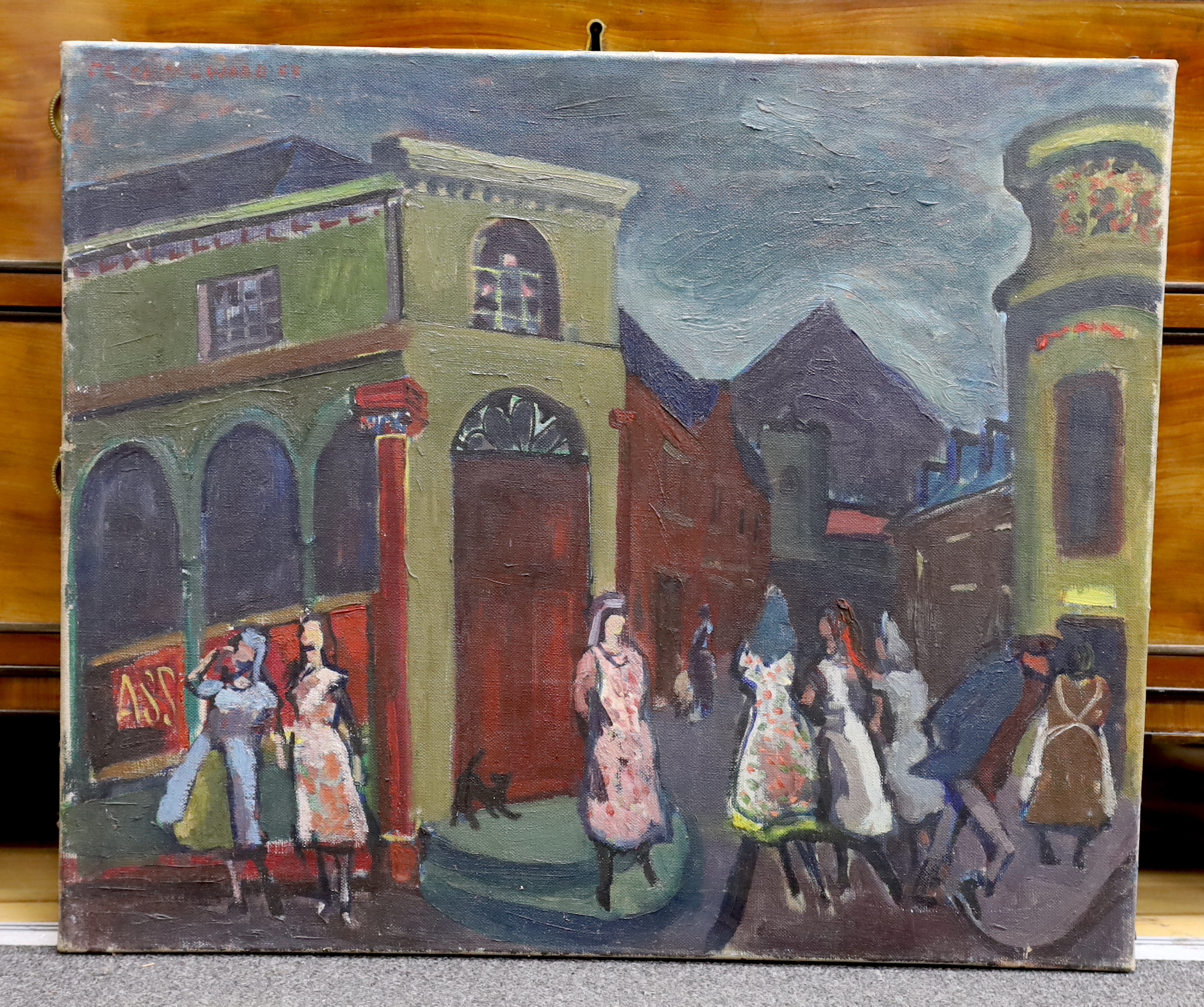 Frith Milward (1906–1982), oil on canvas, Town scene with figures, 50 x 61cm, unframed